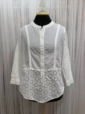 Nine West Jeans White Eyelet Blouse Womens Small Button Front Boho Cotton Top
